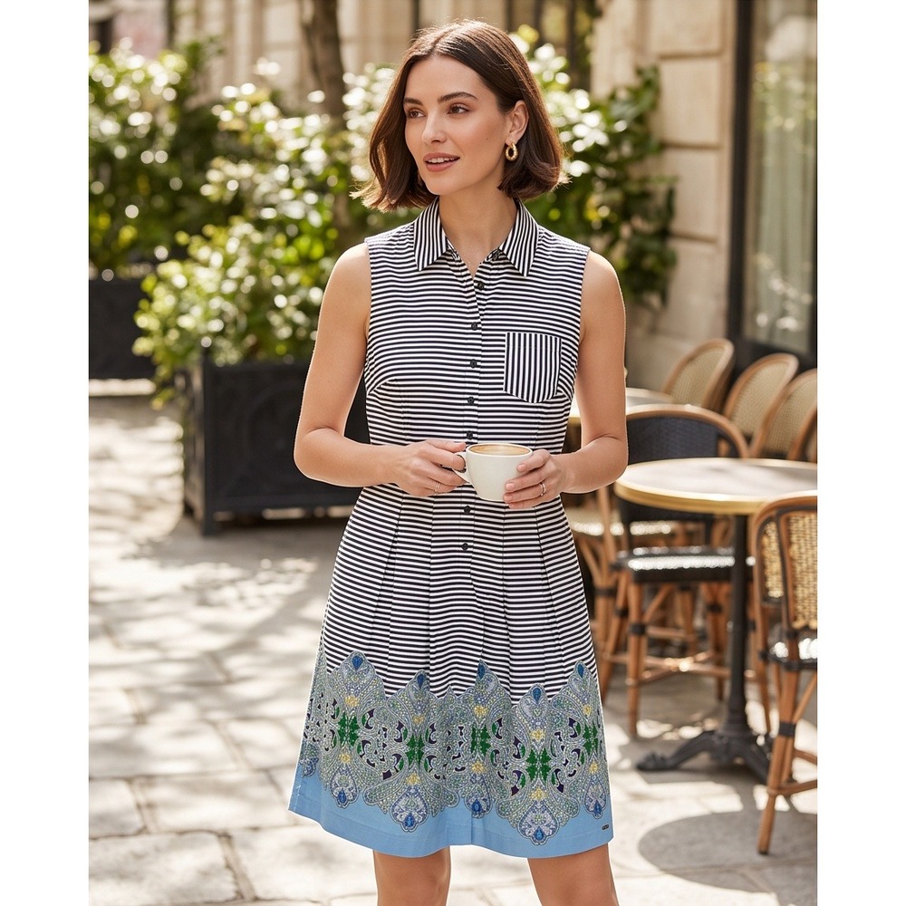 Tommy Hilfiger L Striped Floral Sleeveless Shirt Dress Blue White Large NWOT